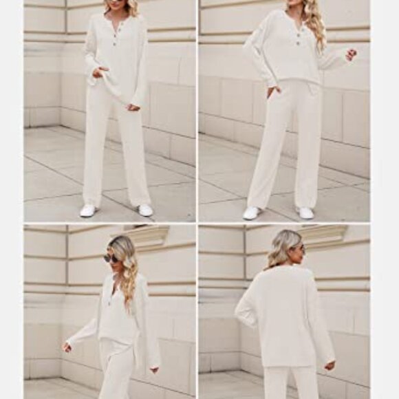 Oversized Knit Sweatsuit Set Button Pullover Wide Leg Pants Lounge - Picture 7 of 8